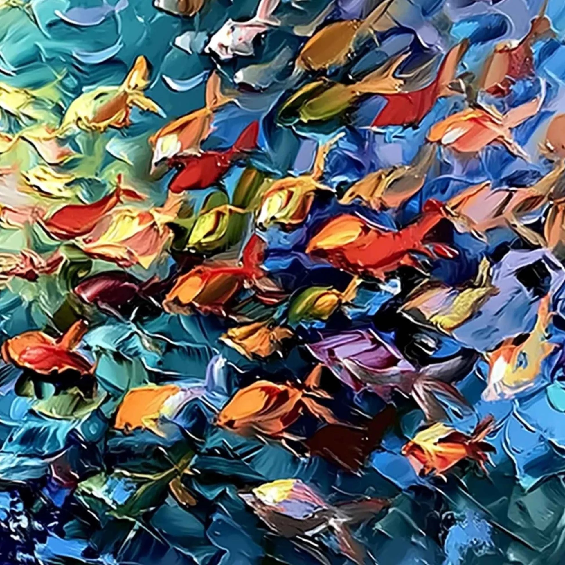 OCEANIC RUSH: Textured Palette Knife Painting of a School of Fish | rolled canvas, ready for custom framing