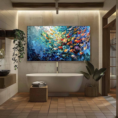 OCEANIC RUSH: Textured Palette Knife Painting of a School of Fish | black frame version on white wall