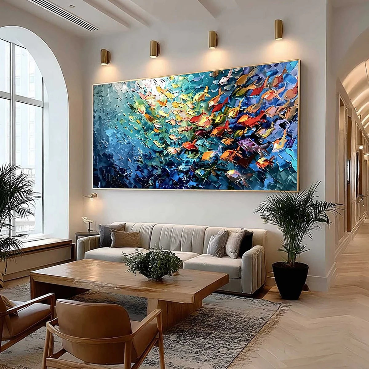 OCEANIC RUSH: Textured Palette Knife Painting of a School of Fish | Abstract mood, soft natural light studio shot