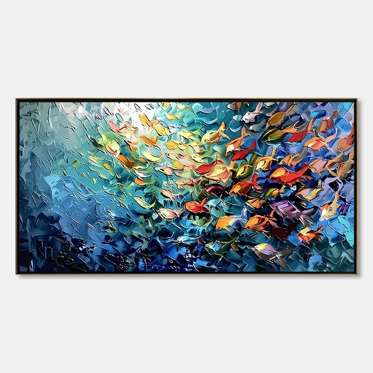 OCEANIC RUSH: Textured Palette Knife Painting of a School of Fish | hanging in living room, Abstract wall art