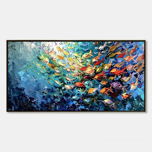 OCEANIC RUSH: Textured Palette Knife Painting of a School of Fish | hanging in living room, Abstract wall art