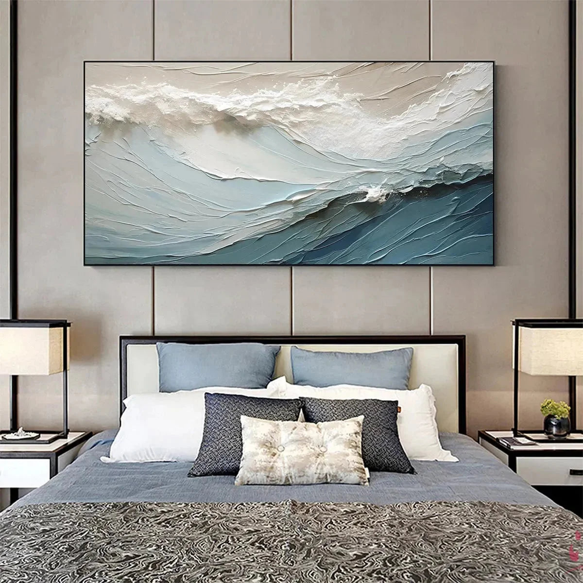 OCEANIC SYMPHONY: Textured Abstract Wave Oil Painting | gold frame stretched on neutral wall