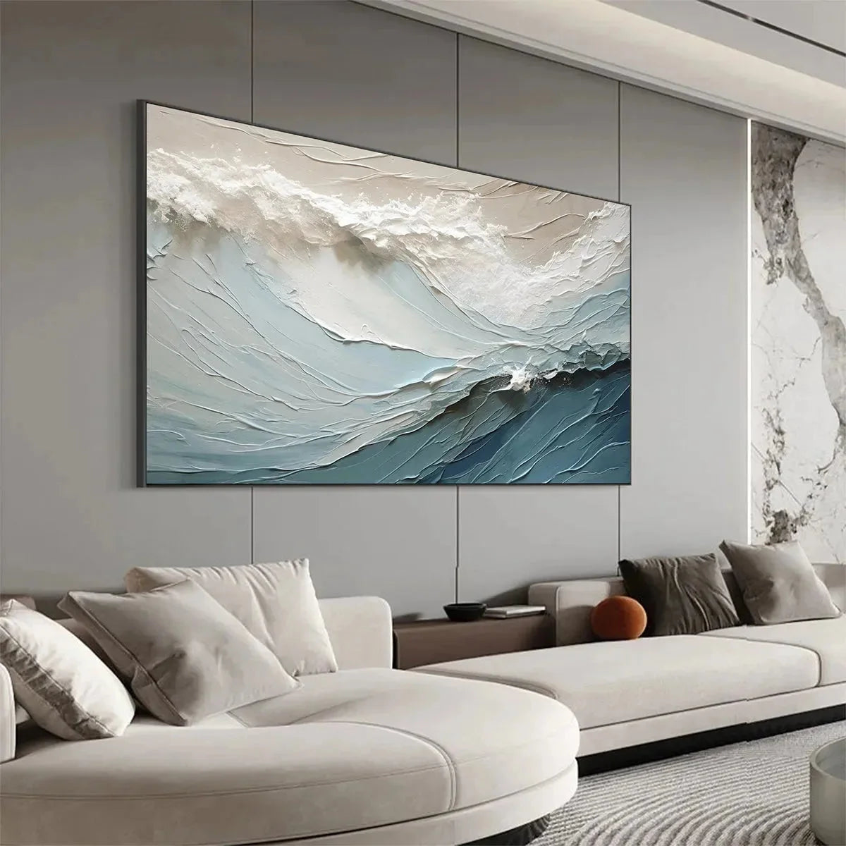 OCEANIC SYMPHONY: Textured Abstract Wave Oil Painting | black frame version on white wall