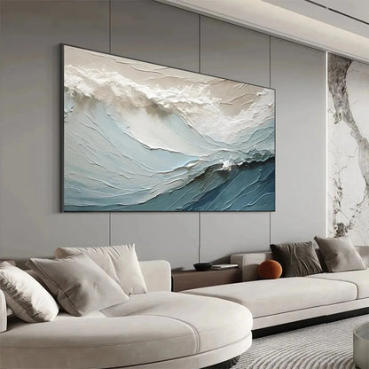 OCEANIC SYMPHONY: Textured Abstract Wave Oil Painting | black frame version on white wall
