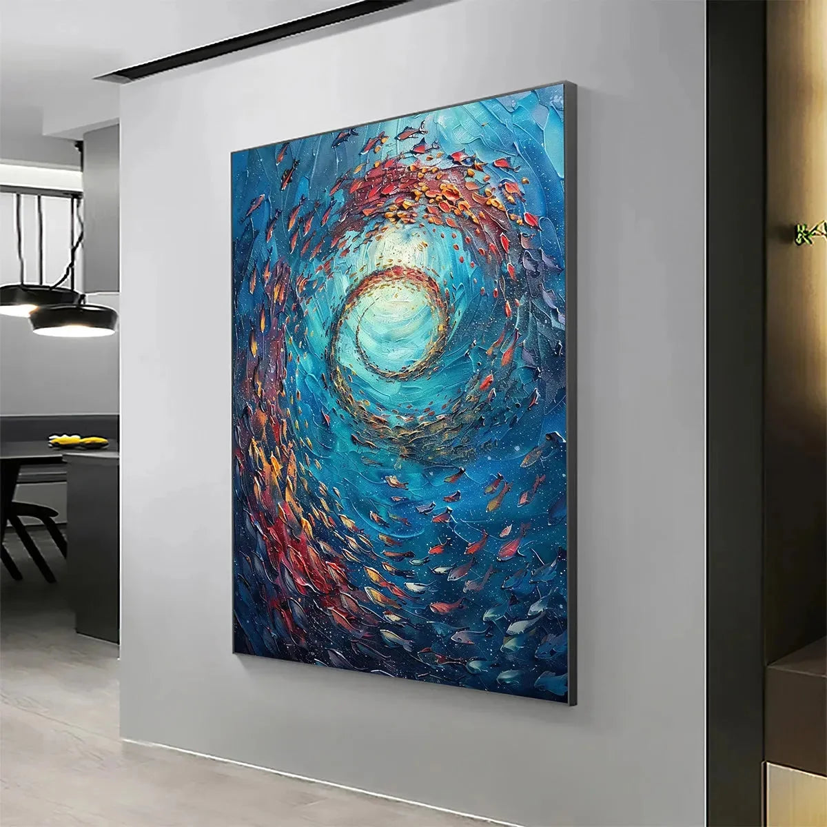 OCEANIC VORTEX: Vertical Fish Painting, Impasto | Abstract closeup, raised brushwork detail