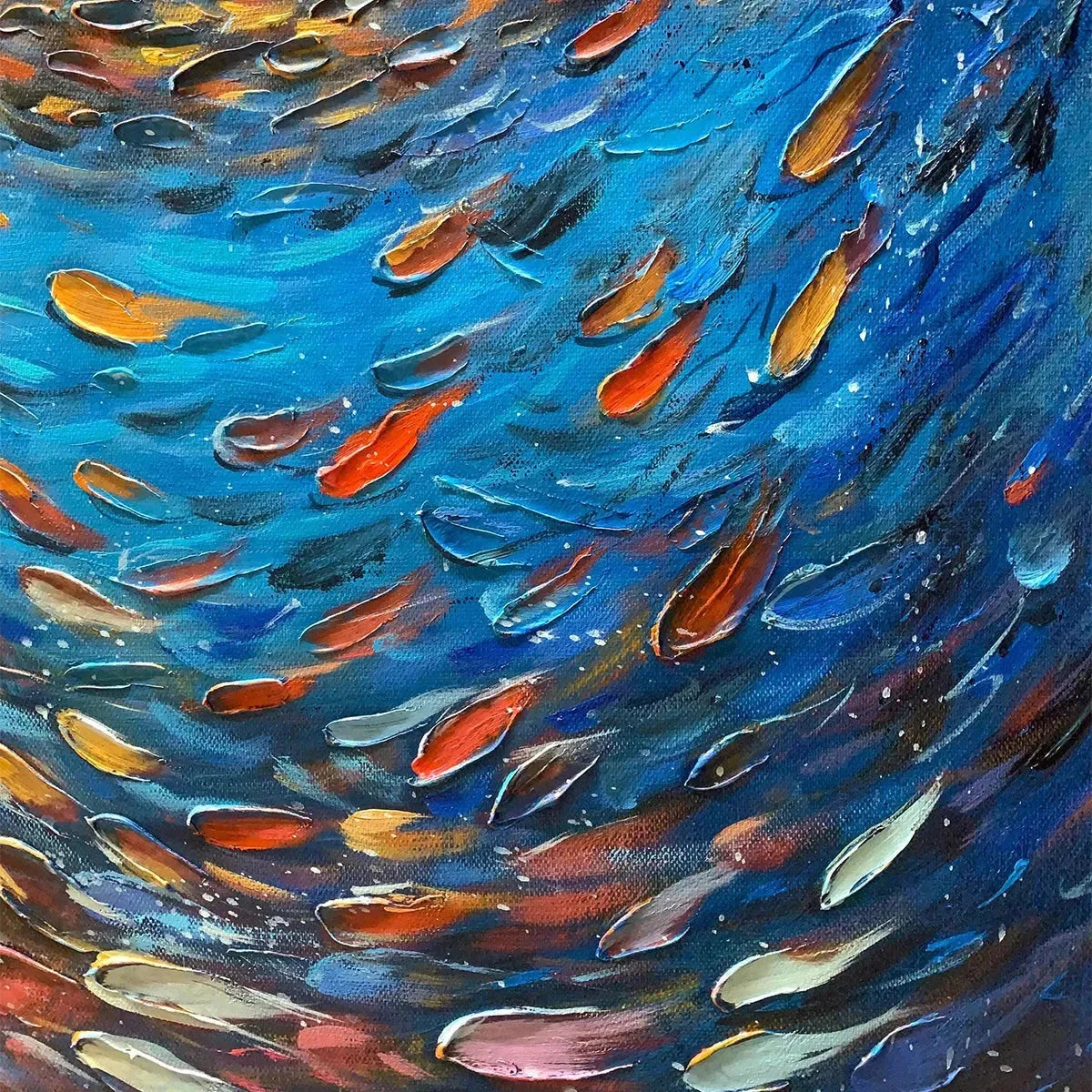 OCEANIC VORTEX: Vertical Fish Painting, Impasto | rectangular format, hand-painted canvas edge