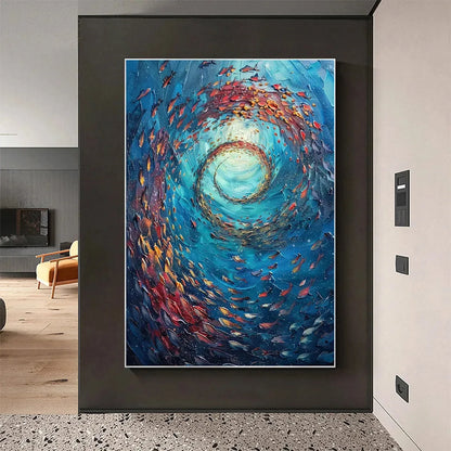 OCEANIC VORTEX: Vertical Fish Painting, Impasto | gold frame stretched on neutral wall