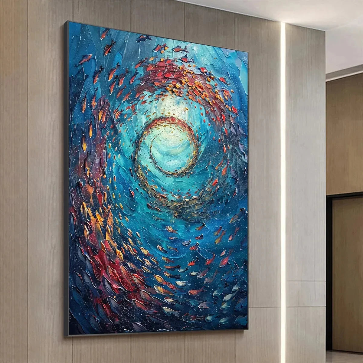 OCEANIC VORTEX: Vertical Fish Painting, Impasto | rolled canvas, ready for custom framing