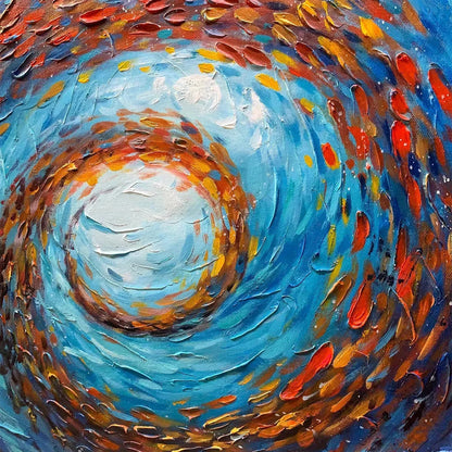 OCEANIC VORTEX: Vertical Fish Painting, Impasto | black frame version on white wall