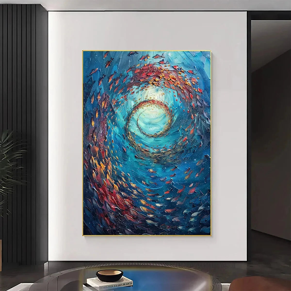 OCEANIC VORTEX: Vertical Fish Painting, Impasto | Abstract mood, soft natural light studio shot