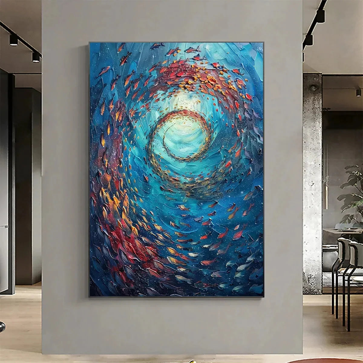 OCEANIC VORTEX: Vertical Fish Painting, Impasto | multi-color palette, original oil on stretched canvas art