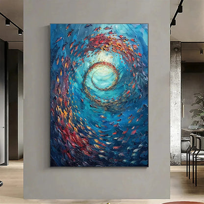 OCEANIC VORTEX: Vertical Fish Painting, Impasto | multi-color palette, original oil on stretched canvas art