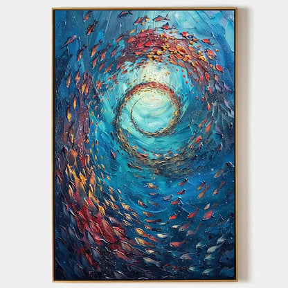 OCEANIC VORTEX: Vertical Fish Painting, Impasto | hanging in living room, Abstract wall art