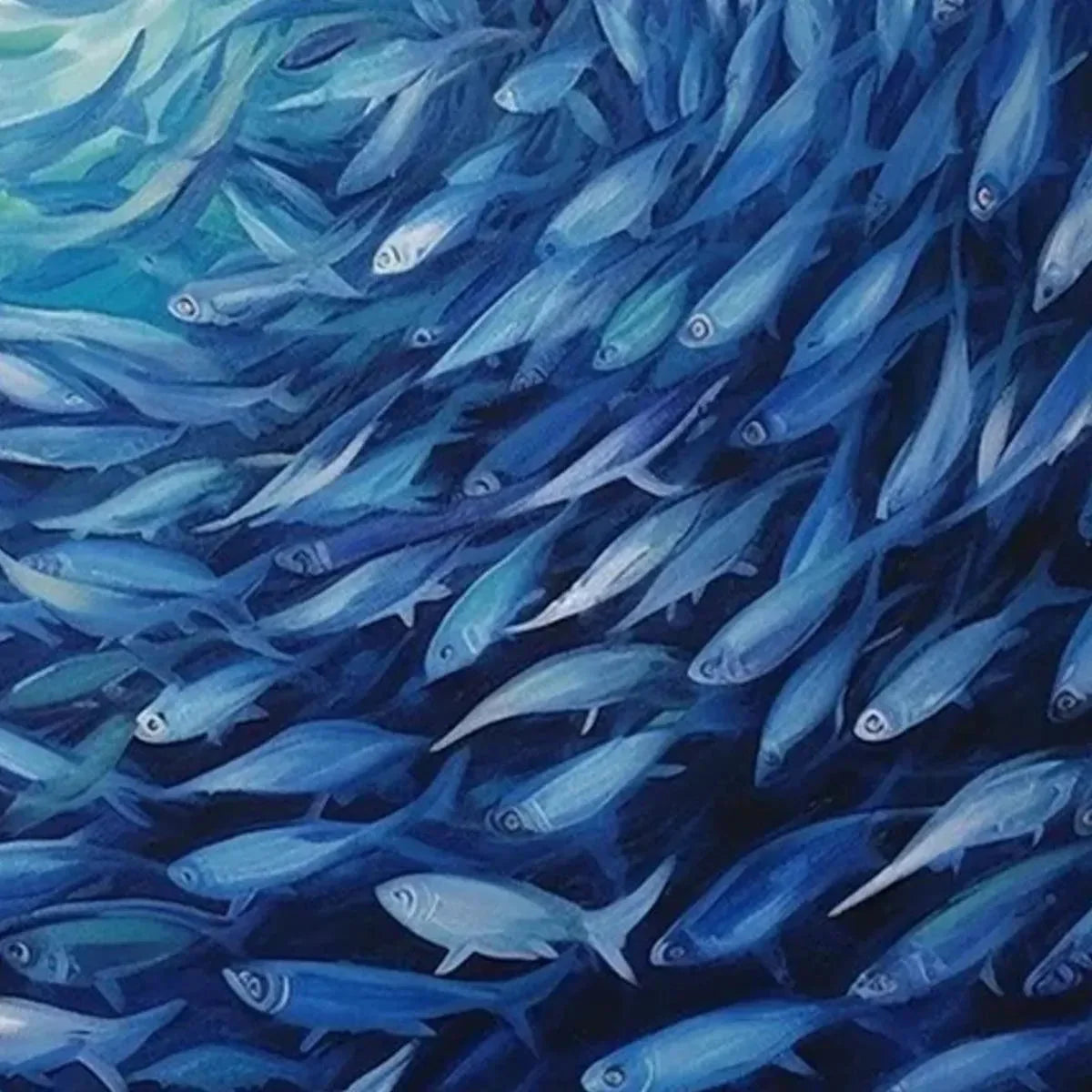 OCEANIC WHIRL: Dynamic Painting of a School of Fish | rectangular format, hand-painted canvas edge