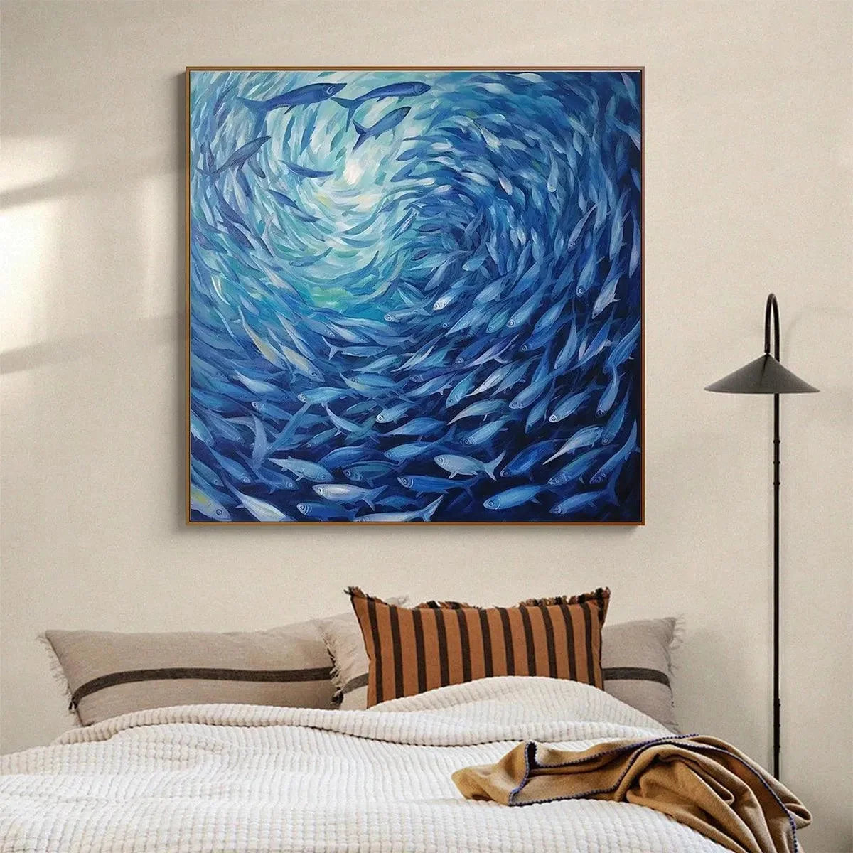 OCEANIC WHIRL: Dynamic Painting of a School of Fish | rolled canvas, ready for custom framing