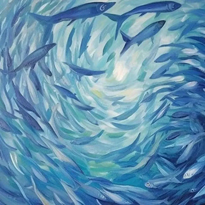 OCEANIC WHIRL: Dynamic Painting of a School of Fish | black frame version on white wall