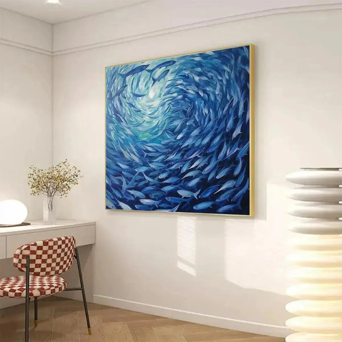 OCEANIC WHIRL: Dynamic Painting of a School of Fish | Abstract mood, soft natural light studio shot