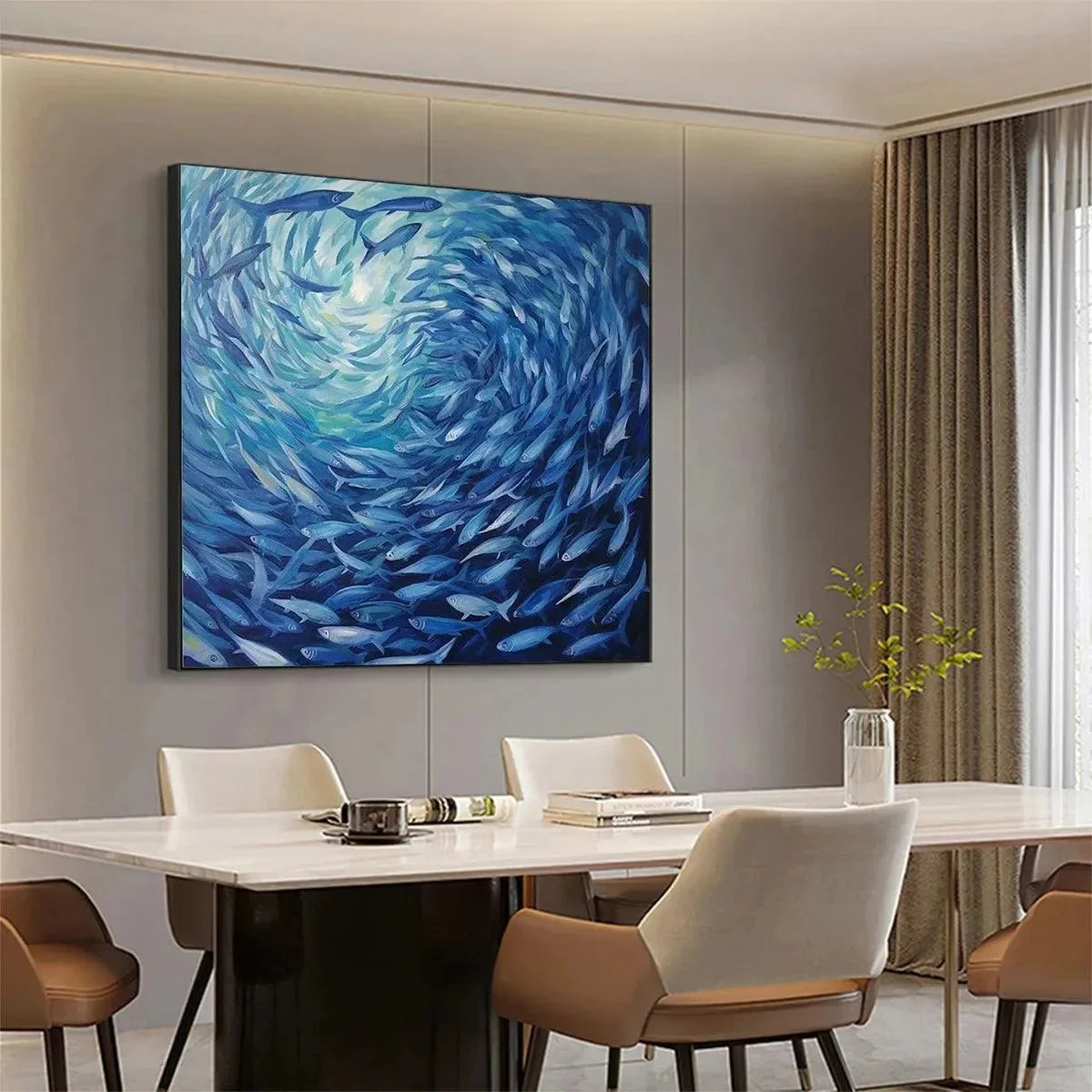 OCEANIC WHIRL: Dynamic Painting of a School of Fish | multi-color palette, original oil on stretched canvas art