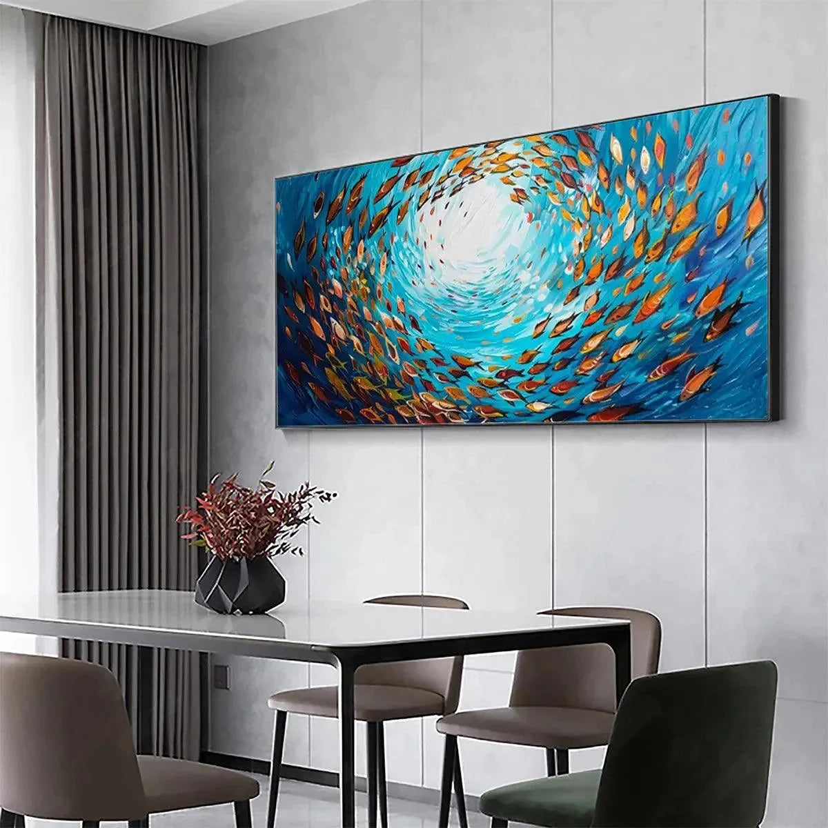 OCEANIC WHIRL: Dynamic School of Fish Painting, Horizontal Wall Art | textured closeup, raised brushwork detail