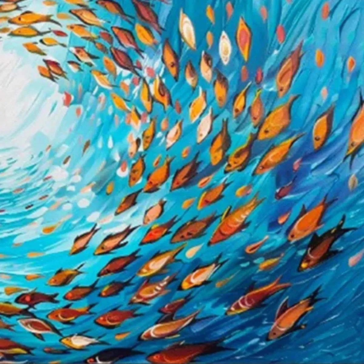 OCEANIC WHIRL: Dynamic School of Fish Painting, Horizontal Wall Art | rectangular format, hand-painted canvas edge