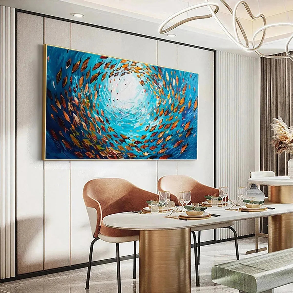 OCEANIC WHIRL: Dynamic School of Fish Painting, Horizontal Wall Art | gold frame stretched on neutral wall