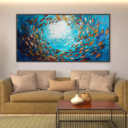 OCEANIC WHIRL: Dynamic School of Fish Painting, Horizontal Wall Art | rolled canvas, ready for custom framing