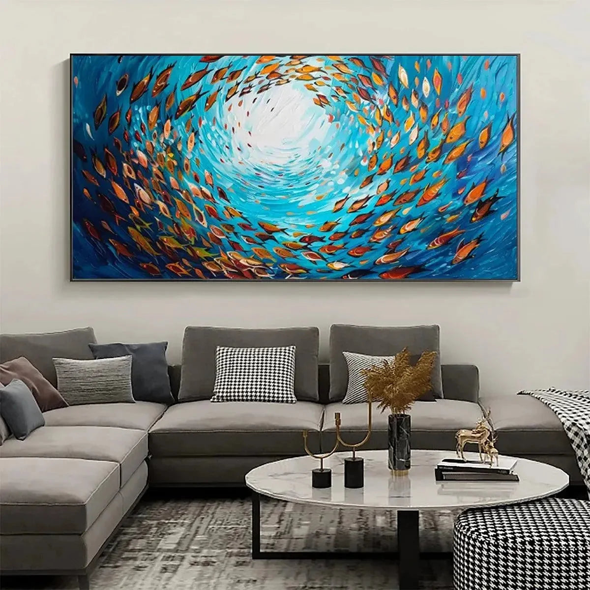 OCEANIC WHIRL: Dynamic School of Fish Painting, Horizontal Wall Art | black frame version on white wall
