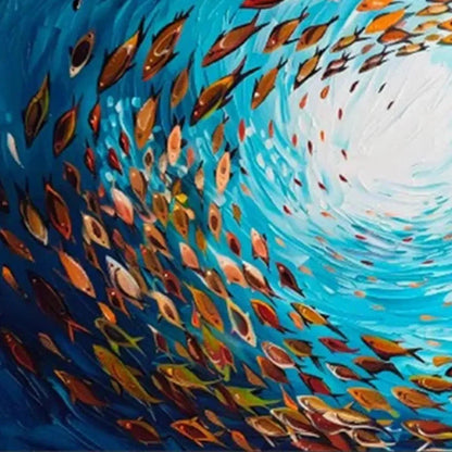 OCEANIC WHIRL: Dynamic School of Fish Painting, Horizontal Wall Art | textured mood, soft natural light studio shot