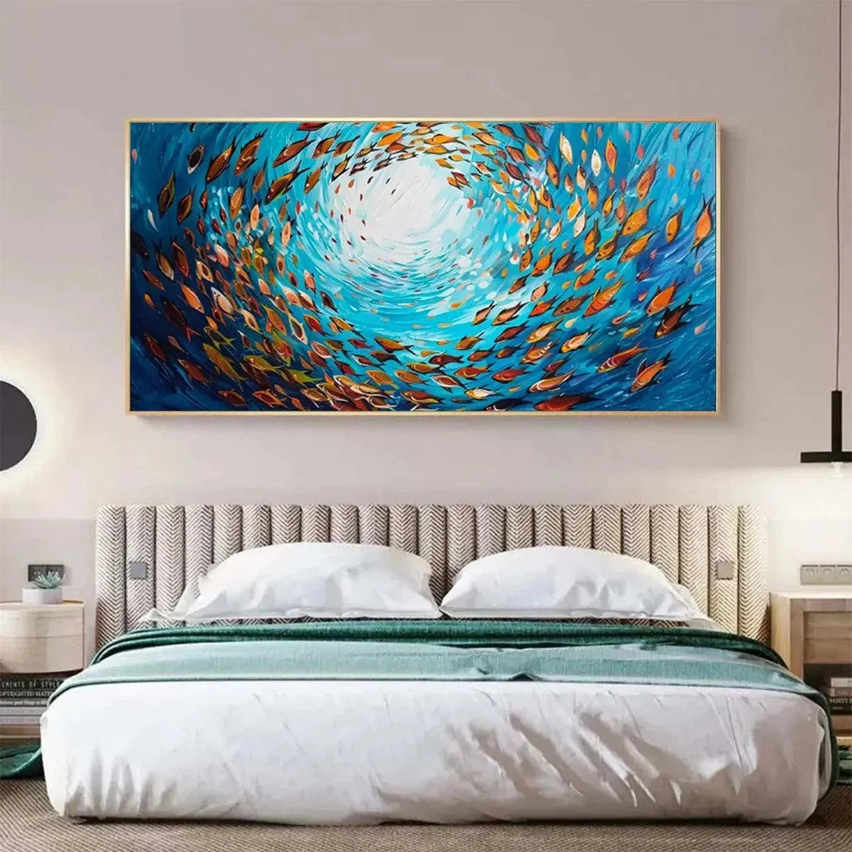 OCEANIC WHIRL: Dynamic School of Fish Painting, Horizontal Wall Art | blue palette, original dining room art
