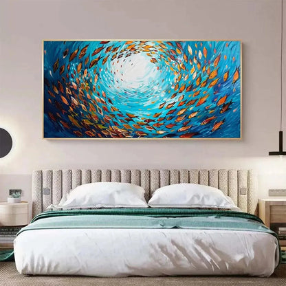 OCEANIC WHIRL: Dynamic School of Fish Painting, Horizontal Wall Art | blue palette, original dining room art