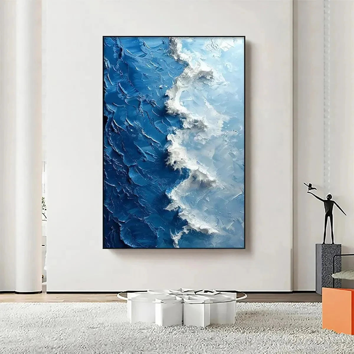 OCEANIC WHISPERS: Textured Ocean Painting, Blue Abstract Wall Art, Vertical Canvas, Impasto Decor | Abstract closeup, raised brushwork detail