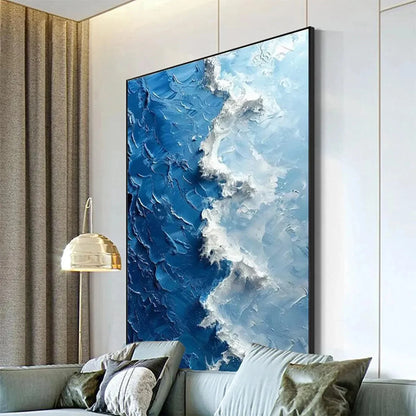OCEANIC WHISPERS: Textured Ocean Painting, Blue Abstract Wall Art, Vertical Canvas, Impasto Decor | rolled canvas, ready for custom framing
