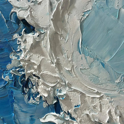 OCEANIC WHISPERS: Textured Ocean Painting, Blue Abstract Wall Art, Vertical Canvas, Impasto Decor | black frame version on white wall