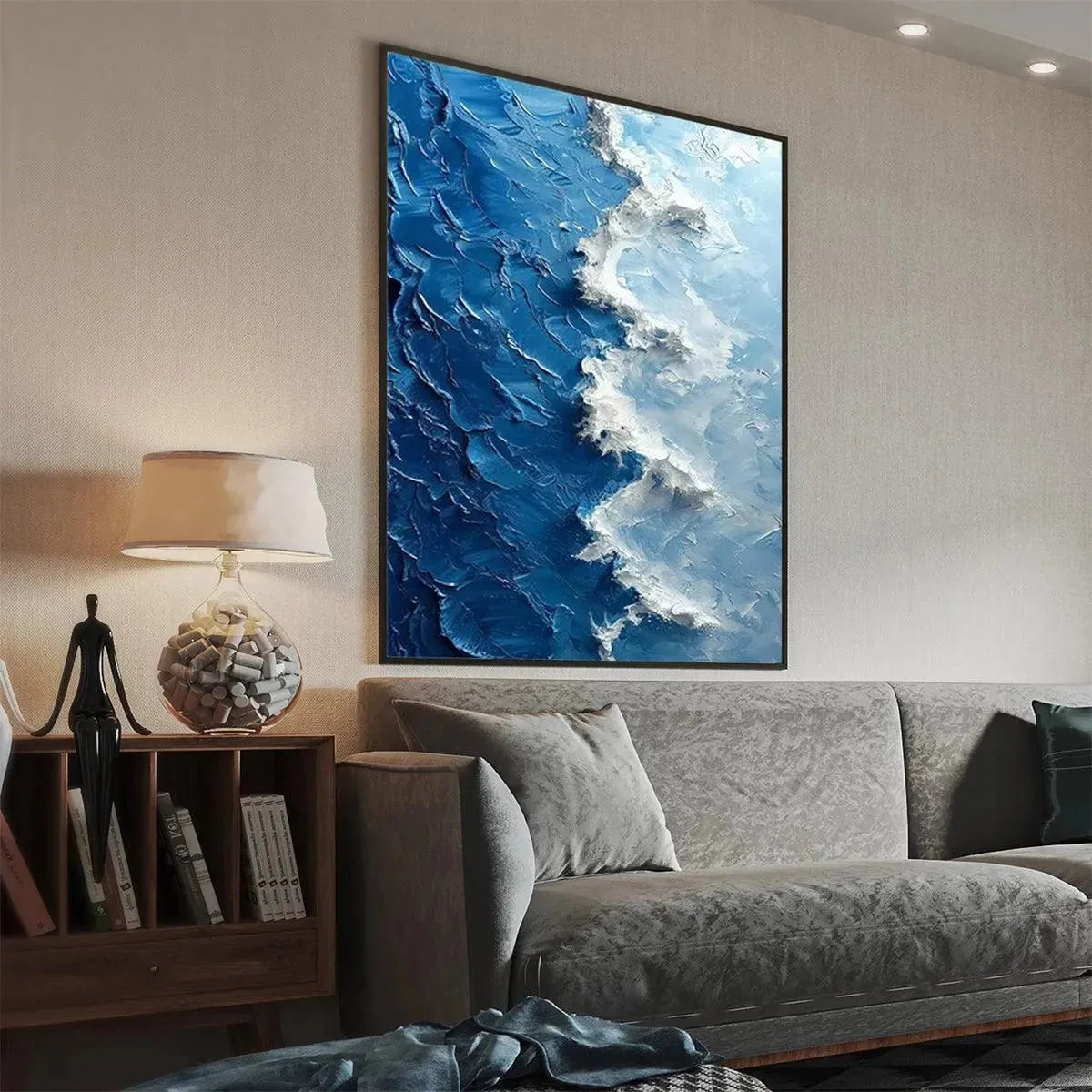 OCEANIC WHISPERS: Textured Ocean Painting, Blue Abstract Wall Art, Vertical Canvas, Impasto Decor | Abstract mood, soft natural light studio shot