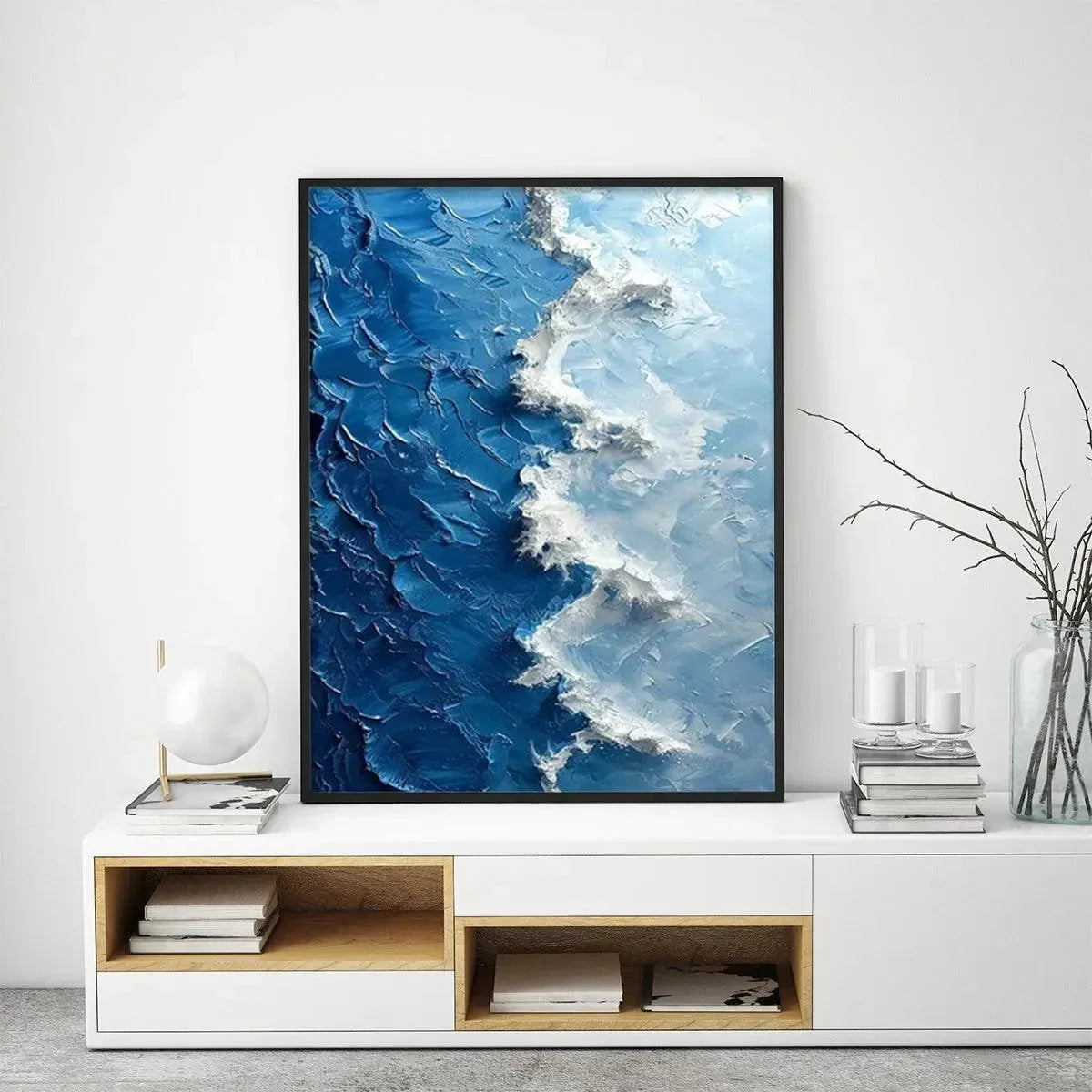 OCEANIC WHISPERS: Textured Ocean Painting, Blue Abstract Wall Art, Vertical Canvas, Impasto Decor | texture detail, palette knife marks visible