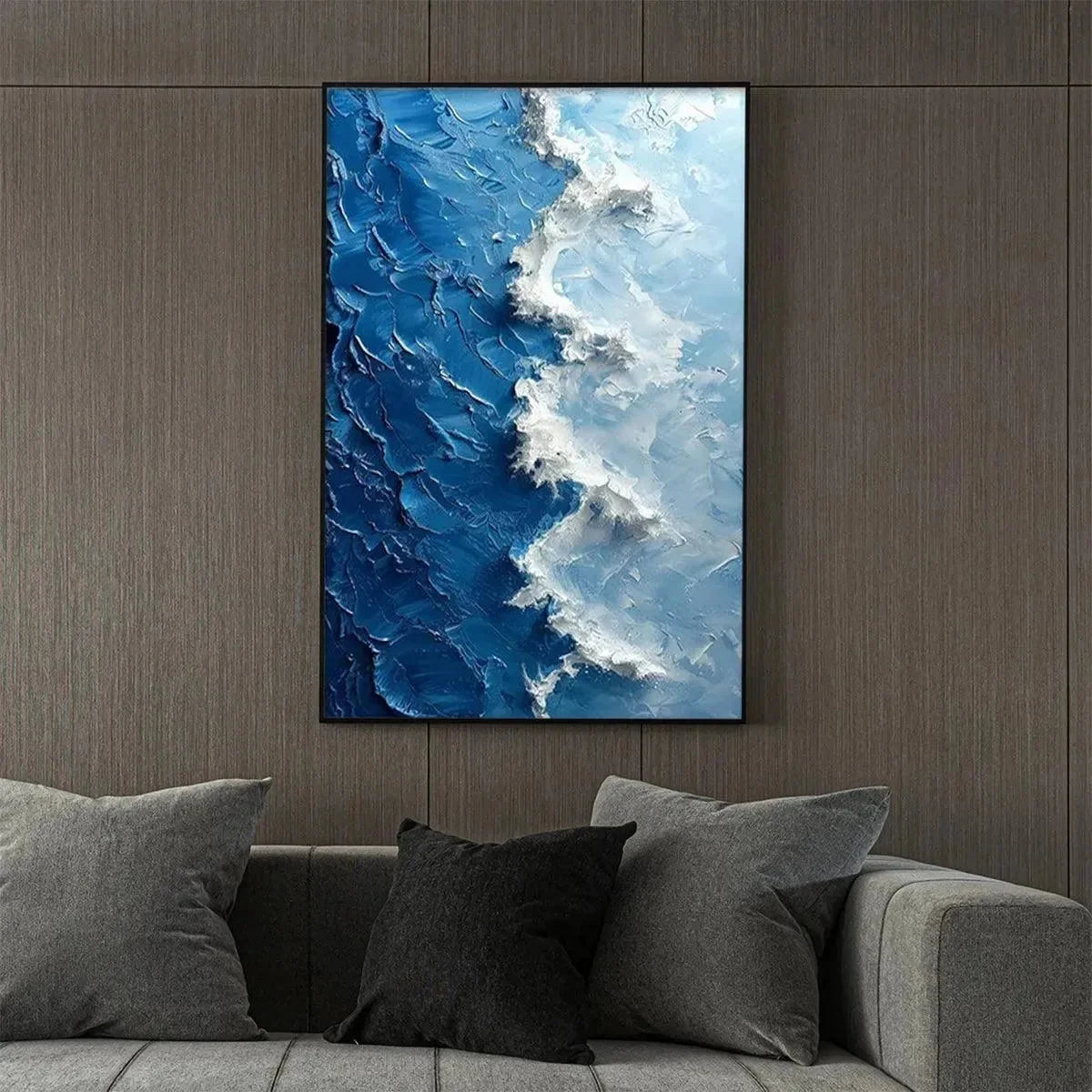 OCEANIC WHISPERS: Textured Ocean Painting, Blue Abstract Wall Art, Vertical Canvas, Impasto Decor | texture detail, palette knife marks visible