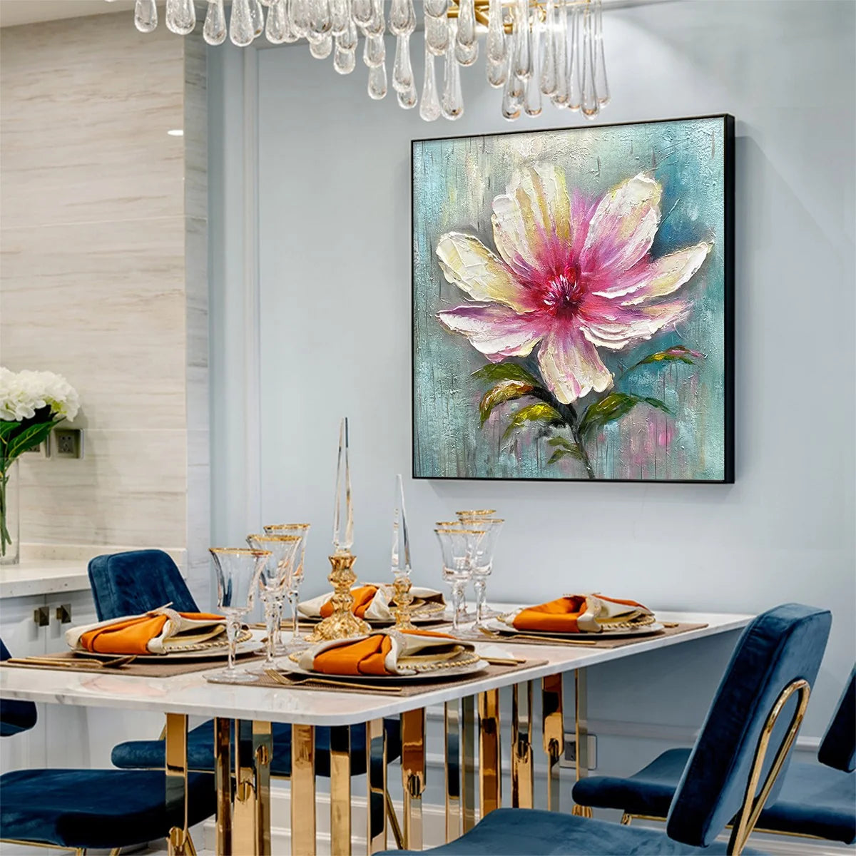 OCEAN'S ABUNDANCE: Colorful Fish School Oil Painting on Canvas | gold frame stretched on neutral wall