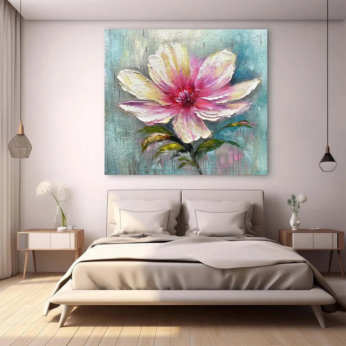 OCEAN'S ABUNDANCE: Colorful Fish School Oil Painting on Canvas | black frame version on white wall