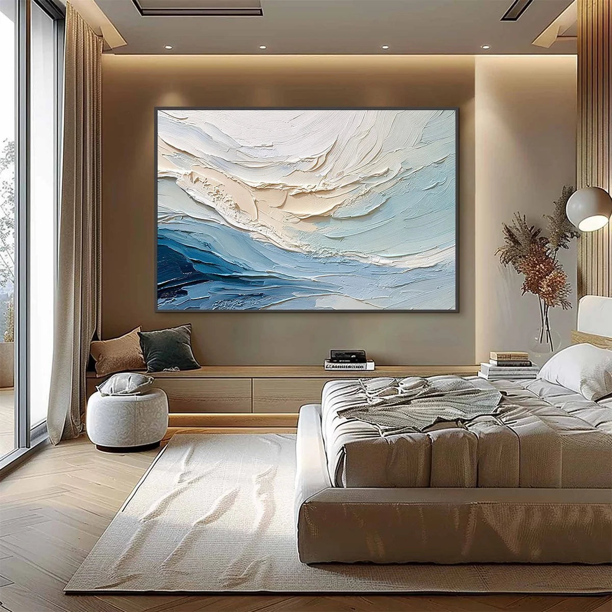 OCEAN'S BREATH: Textured Wabi Sabi Abstract Seascape Painting | gold frame stretched on neutral wall