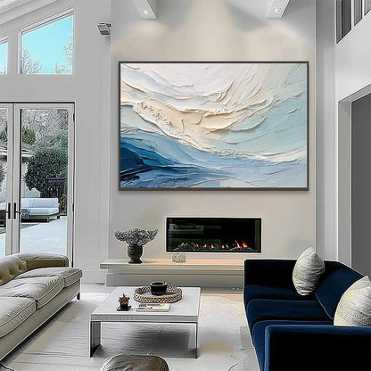 OCEAN'S BREATH: Textured Wabi Sabi Abstract Seascape Painting | black frame version on white wall