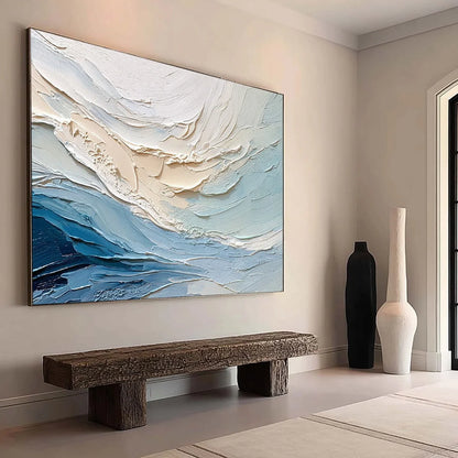 OCEAN'S BREATH: Textured Wabi Sabi Abstract Seascape Painting | Abstract mood, soft natural light studio shot