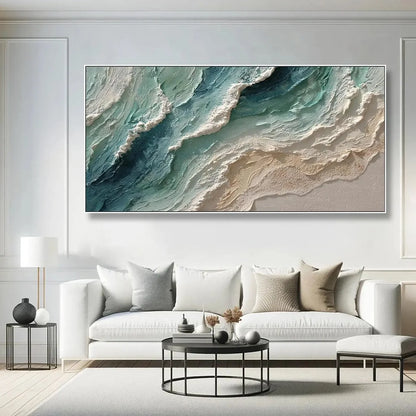 OCEAN'S BREATH: Textured Wabi Sabi Coastal Seascape Painting | gold frame stretched on neutral wall
