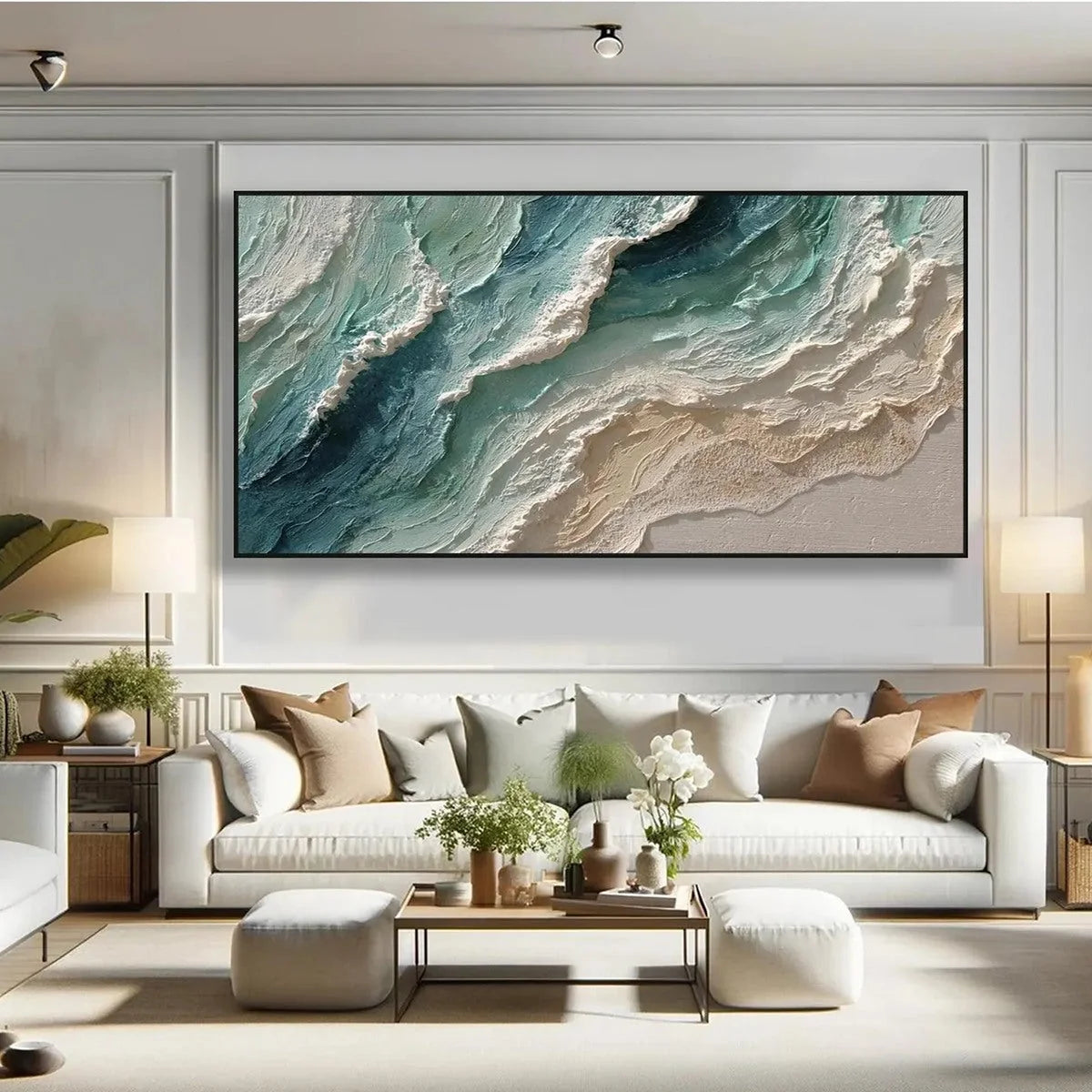 OCEAN'S BREATH: Textured Wabi Sabi Coastal Seascape Painting | black frame version on white wall