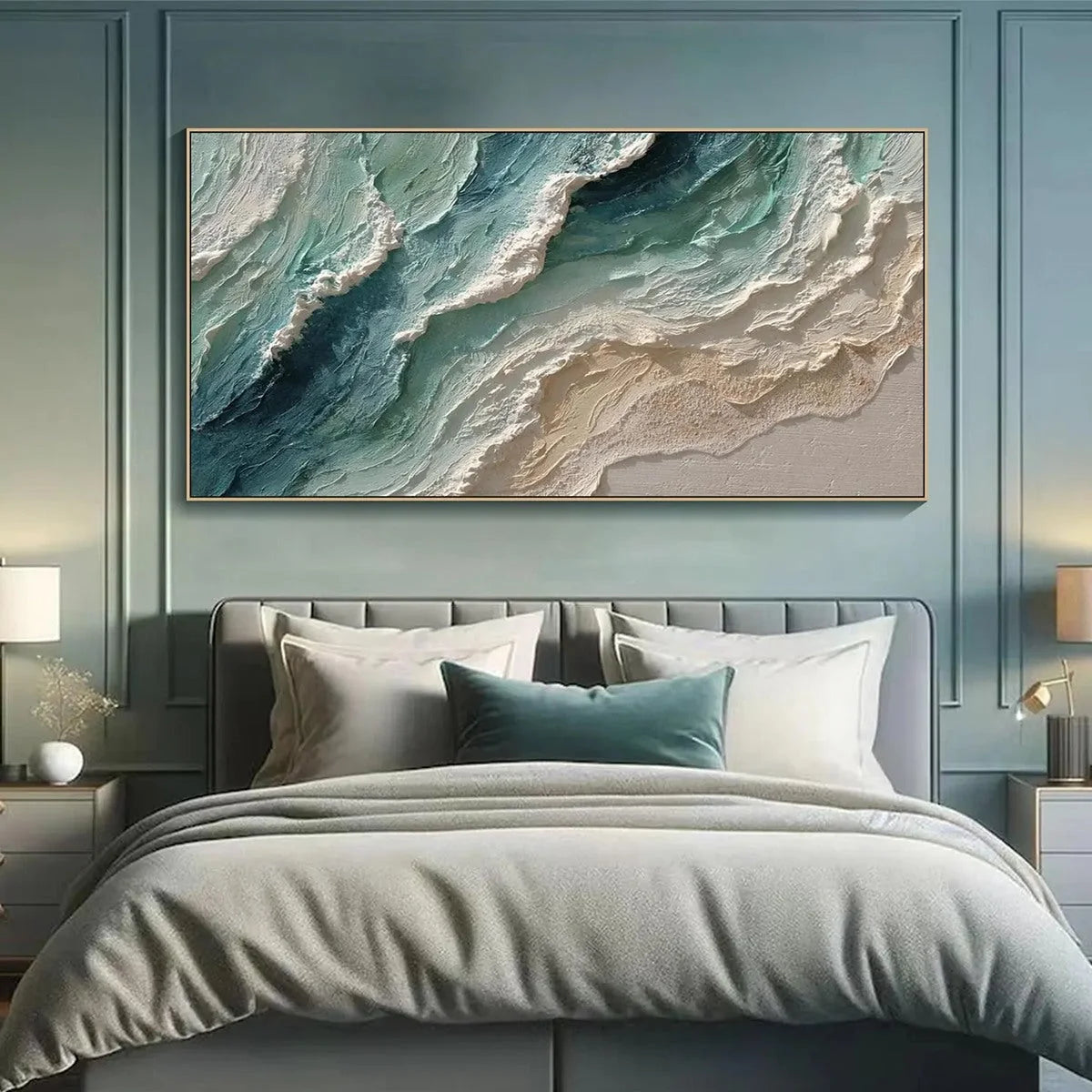 OCEAN'S BREATH: Textured Wabi Sabi Coastal Seascape Painting | Abstract mood, soft natural light studio shot