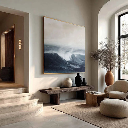 OCEAN'S EMBRACE: Atmospheric Coastal Seascape Oil Painting | gold frame stretched on neutral wall