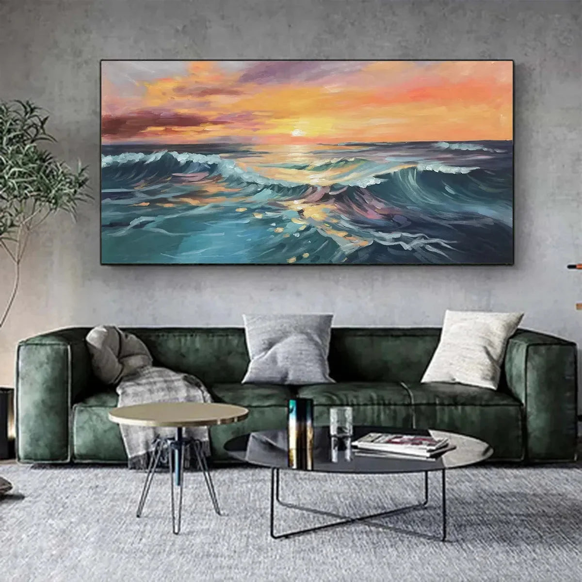 OCEAN'S EMBRACE: Panoramic Ocean Sunset Painting in Teal and Orange | Abstract closeup, raised brushwork detail