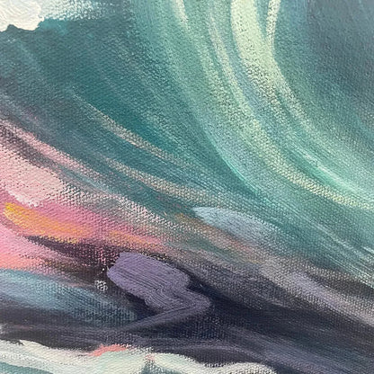 OCEAN'S EMBRACE: Panoramic Ocean Sunset Painting in Teal and Orange | rectangular format, hand-painted canvas edge