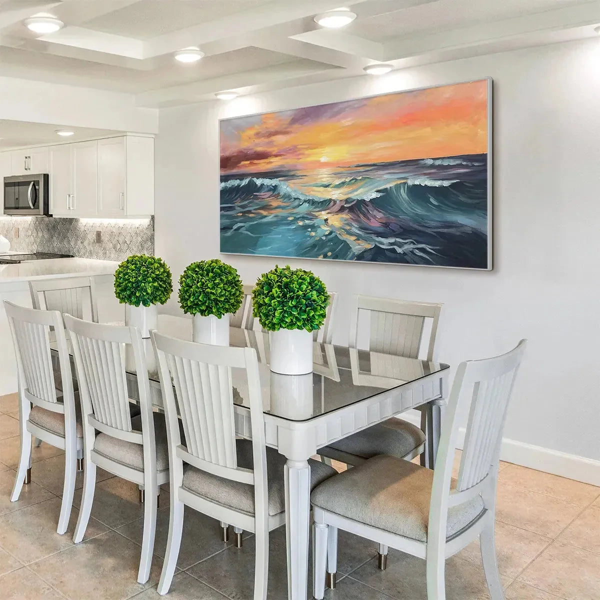 OCEAN'S EMBRACE: Panoramic Ocean Sunset Painting in Teal and Orange | gold frame stretched on neutral wall