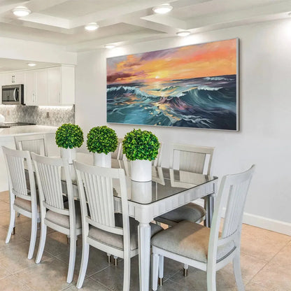 OCEAN'S EMBRACE: Panoramic Ocean Sunset Painting in Teal and Orange | gold frame stretched on neutral wall