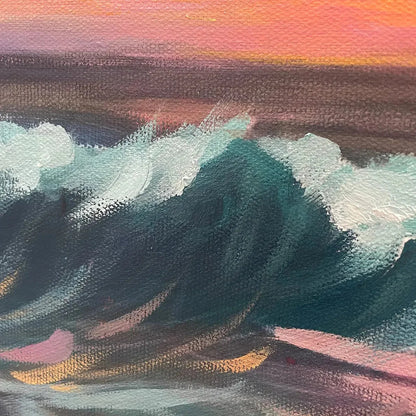 OCEAN'S EMBRACE: Panoramic Ocean Sunset Painting in Teal and Orange | rolled canvas, ready for custom framing